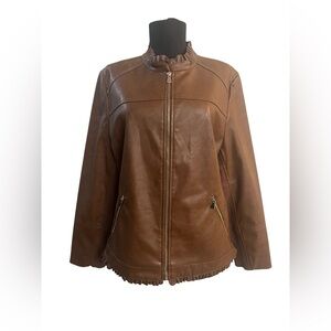 Chico’s Chic Brown Faux Leather Jacket with Ruffle Trim, EUC Condition Size 2